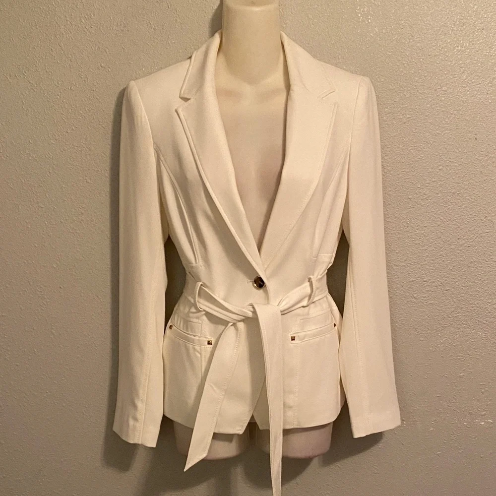 NWT Cache white stretch fitted tailored look belted blazer jacket 4 - Picture 2 of 10